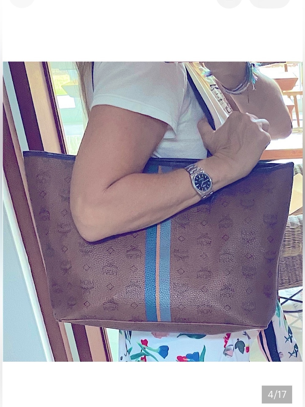 MCM Visetos leather Tote bag with Navy and Gray Center Stripe